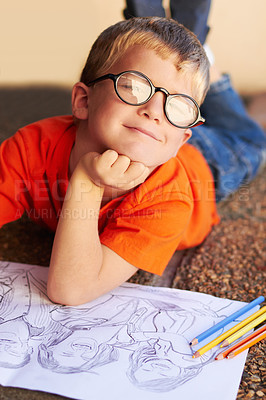 Buy stock photo Portrait, outdoor and boy with a sketch, drawing and artistic with creativity, thinking and development. Person, student and face with paper, pencil and smile with project, learning and knowledge