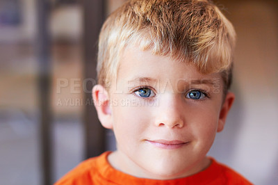 Buy stock photo Portrait, smile and boy with childhood, alone and young with development, calm and student. Face, person and kid with blue eyes, Canada and individual with future, happy and confident with knowledge