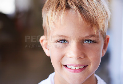 Buy stock photo Portrait, kid and boy with a smile, childhood and cheerful with joy, happiness and alone. Face, person and student with mindset, positive or education with learning, Canada and happy with development