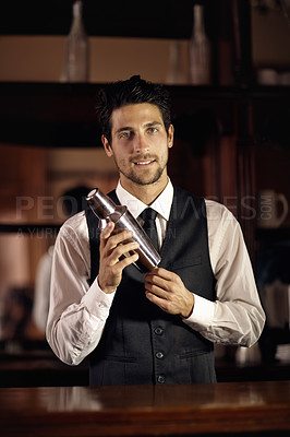 Buy stock photo Cocktail, mixer and portrait of bartender with a drink for customer in dark club or night. Mixing, alcohol and face of barman with liquor in metal container to shake for a strong beverage in a bar