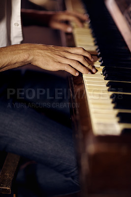 Buy stock photo Jazz, hands or man with piano for music, performance or learning solo for entertainment or freedom. Closeup, pianist or creative musician playing keys on instrument or organ for artistic expression 