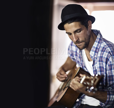 Buy stock photo Guitar, jazz or man in home for music, performance or entertainment with sound, rhythm or talent. Learning solo, male artist or creative musician playing an instrument for artistic expression alone