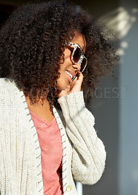 Buy stock photo Travel, phone call and happy black woman in a city for contact, communication or weekend freedom. Smartphone, conversation and fashionable African lady traveler in a street for networking discussion