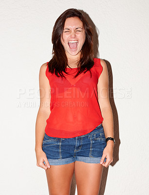 Buy stock photo Angry, shouting and a woman on a white background while frustrated, crazy or mental health expression. Studio, anger and a young girl screaming on a backdrop for anxiety, depression or upset