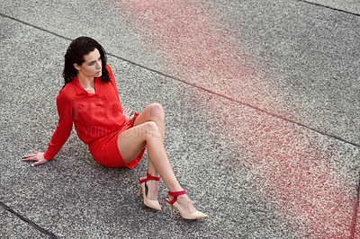 Buy stock photo Full length shot of a beautiful fashion model posing in an empty urban setting