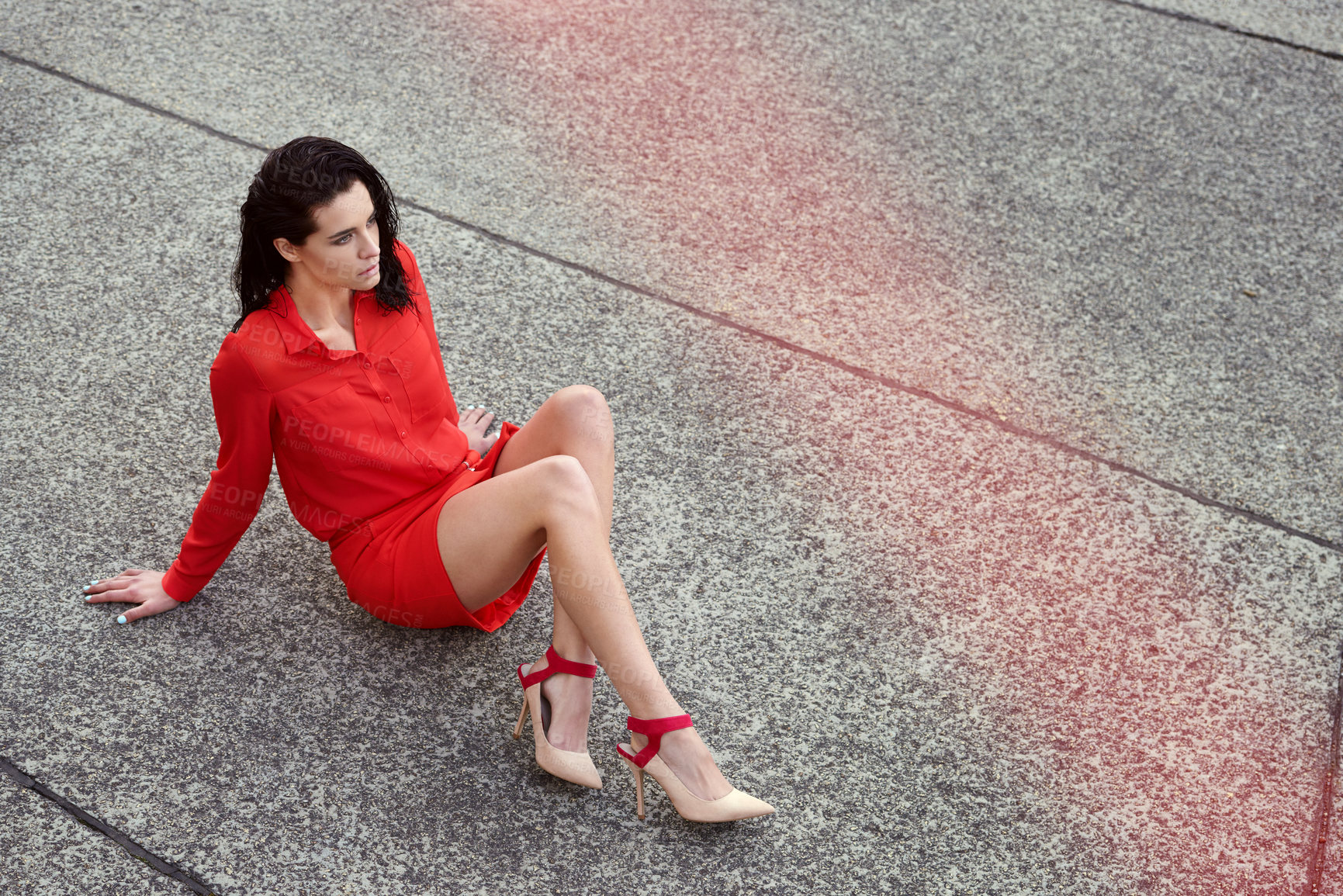 Buy stock photo Full length shot of a beautiful fashion model posing in an empty urban setting