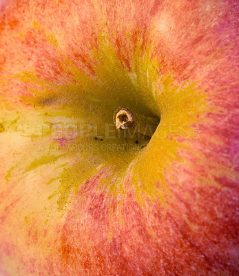 Buy stock photo Macro of red apple, nutrition and diet with health, wellness and organic vitamins and snack. Fruit, plant and harvest with botanical produce, horticulture and spring vegetation for agriculture