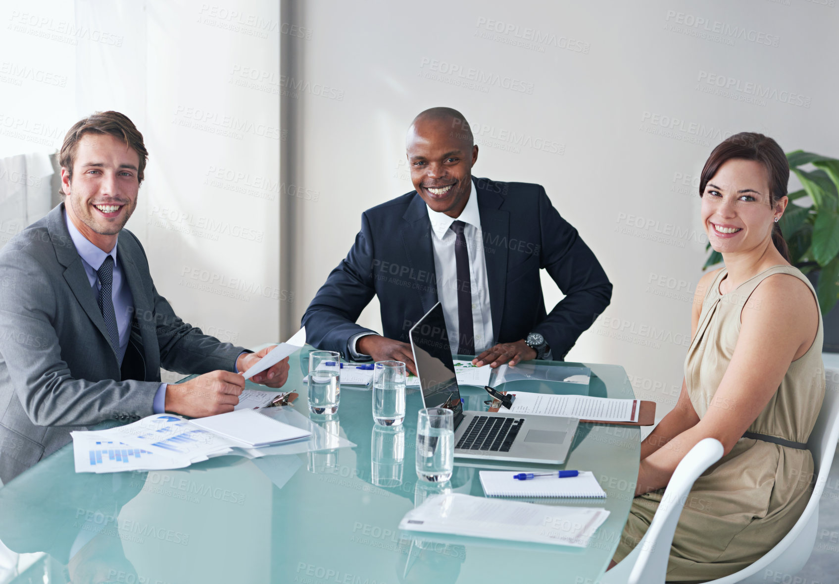 Buy stock photo Team diversity, smiling and portrait in office for meeting, finances or strategy at table with laptop. Woman, men and business people together in boardroom for collaboration, partnership or support