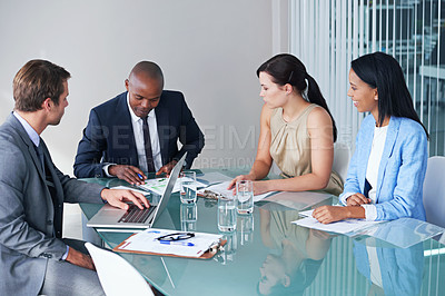 Buy stock photo Planning, mentor and strategy with business people in meeting for idea, documents and learning. Collaboration, data and leadership with employees in office for project management and brainstorming