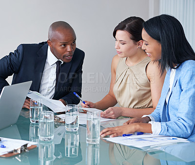 Buy stock photo Planning, teamwork and data with business people in meeting for idea, documents and learning. Collaboration, mentor and leadership with employees in office for project management and brainstorming