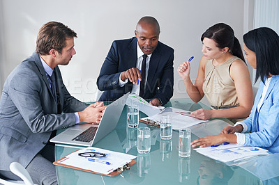 Buy stock photo Planning, teamwork and strategy with business people in meeting for idea, documents and learning. Collaboration, data and leadership with employees in office for project management and brainstorming