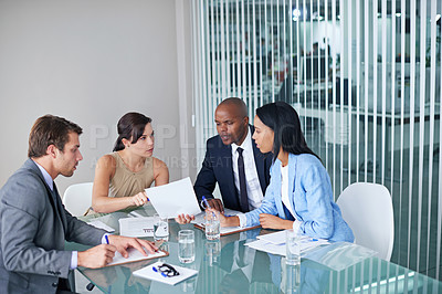 Buy stock photo Teamwork, documents and business people in meeting in the office planning corporate project. Discussion, paperwork and professional employees working in collaboration in the workplace conference room
