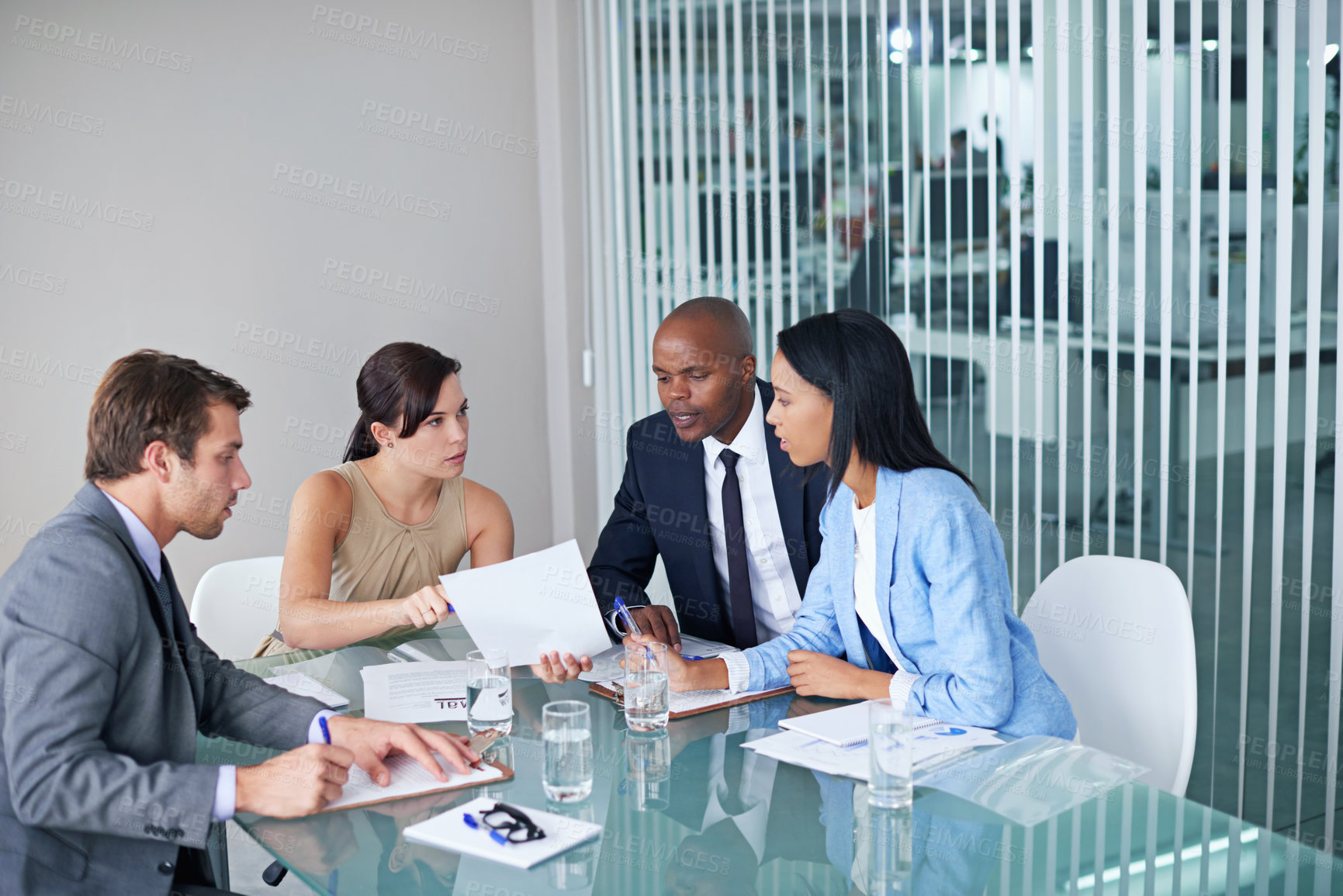 Buy stock photo Teamwork, documents and business people in meeting in the office planning corporate project. Discussion, paperwork and professional employees working in collaboration in the workplace conference room