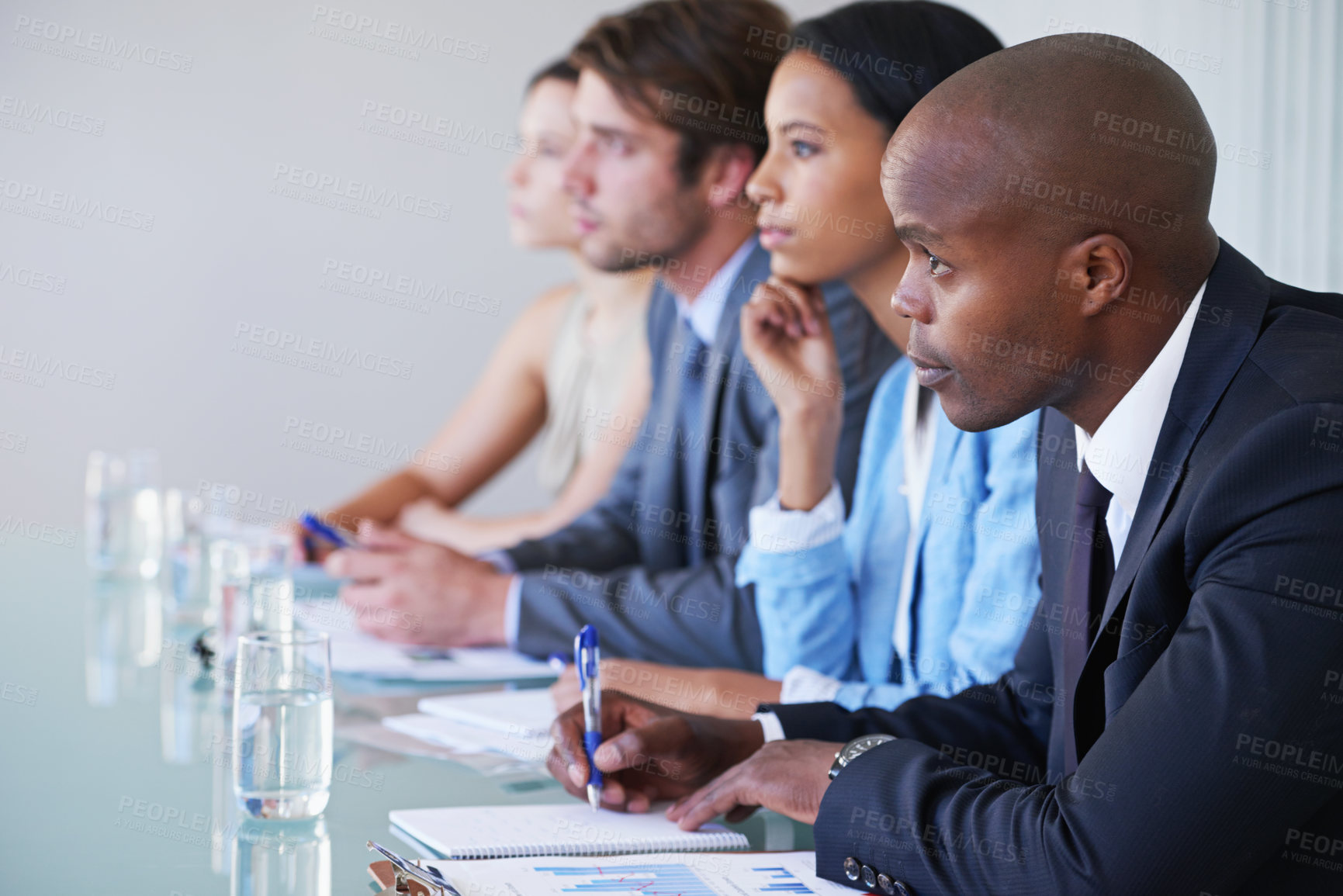 Buy stock photo Business, people and water in boardroom with paper for writing notes in finance presentation. Corporate lawyers, conference and documents for diversity, strategy or planning company growth in office