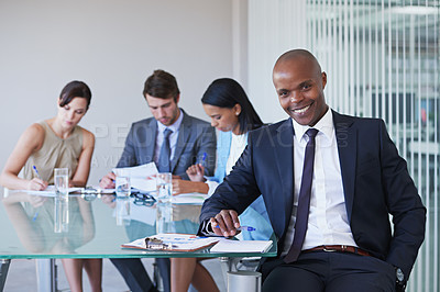 Buy stock photo Accounting, smile or portrait of businessman in meeting for finance report, teamwork or planning project. Happy, collaboration or accountant with financial advisors, paperwork or diversity in office