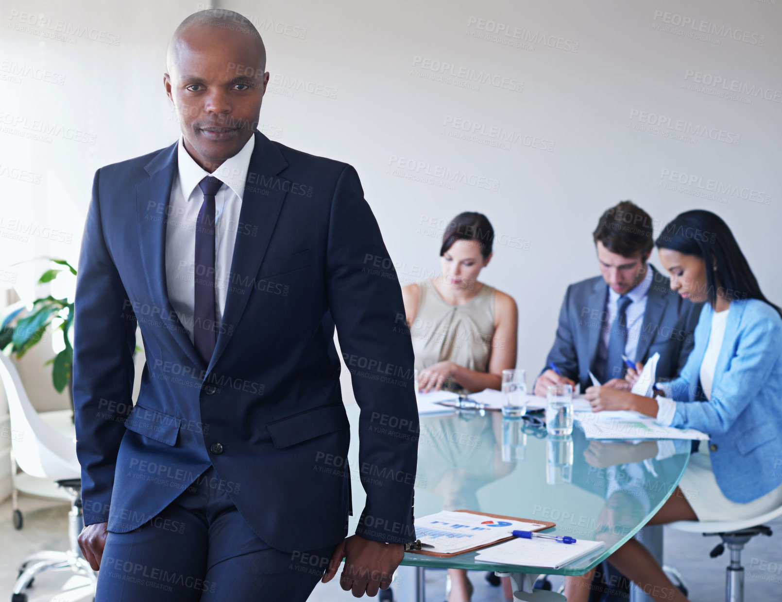 Buy stock photo Accounting, confident or portrait of businessman in meeting for finance report, teamwork or planning project. Serious, collaboration or accountant with financial advisors, staff or pride in office