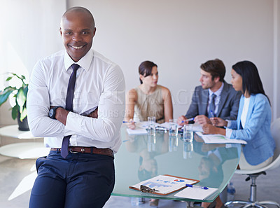 Buy stock photo Business, arms crossed or portrait of happy man in meeting for finance report, teamwork or planning project. Smile, collaboration or accountant with financial advisors, confidence or pride in office