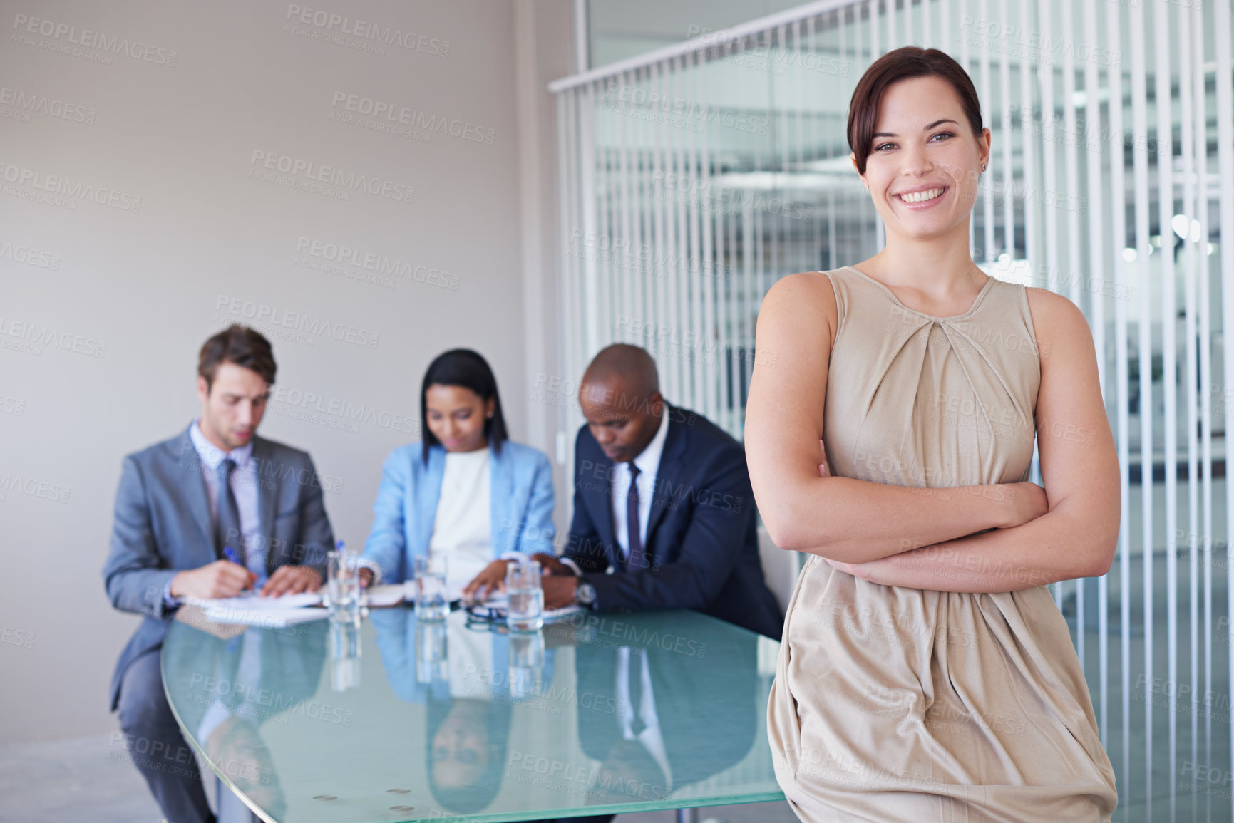 Buy stock photo Happy, arms crossed or portrait of businesswoman in meeting for report, teamwork or planning for project. Smile, collaboration and proud accountant with financial advisors and confidence in office