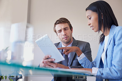 Buy stock photo Tablet, financial advisor or business people in meeting for solution, conversation or discussion of tech news. Smile, growth or consultants in office for planning strategy, feedback and teamwork
