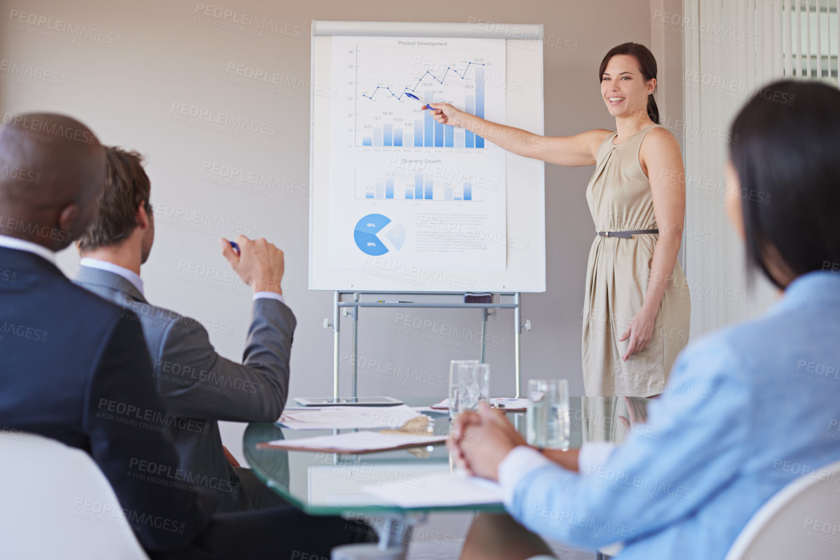 Buy stock photo Businesswoman, people and statistics presentation for discussion, company and financial progress and budget review. Meeting, collaboration and analyst with charts, sale graphs or revenue projections