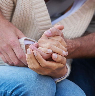 Buy stock photo Couple, holding hands and closeup with love, care and support with empathy for illness, diagnosis or cancer. Solidarity, man and woman with gratitude, respect or comfort partner in crisis of health 