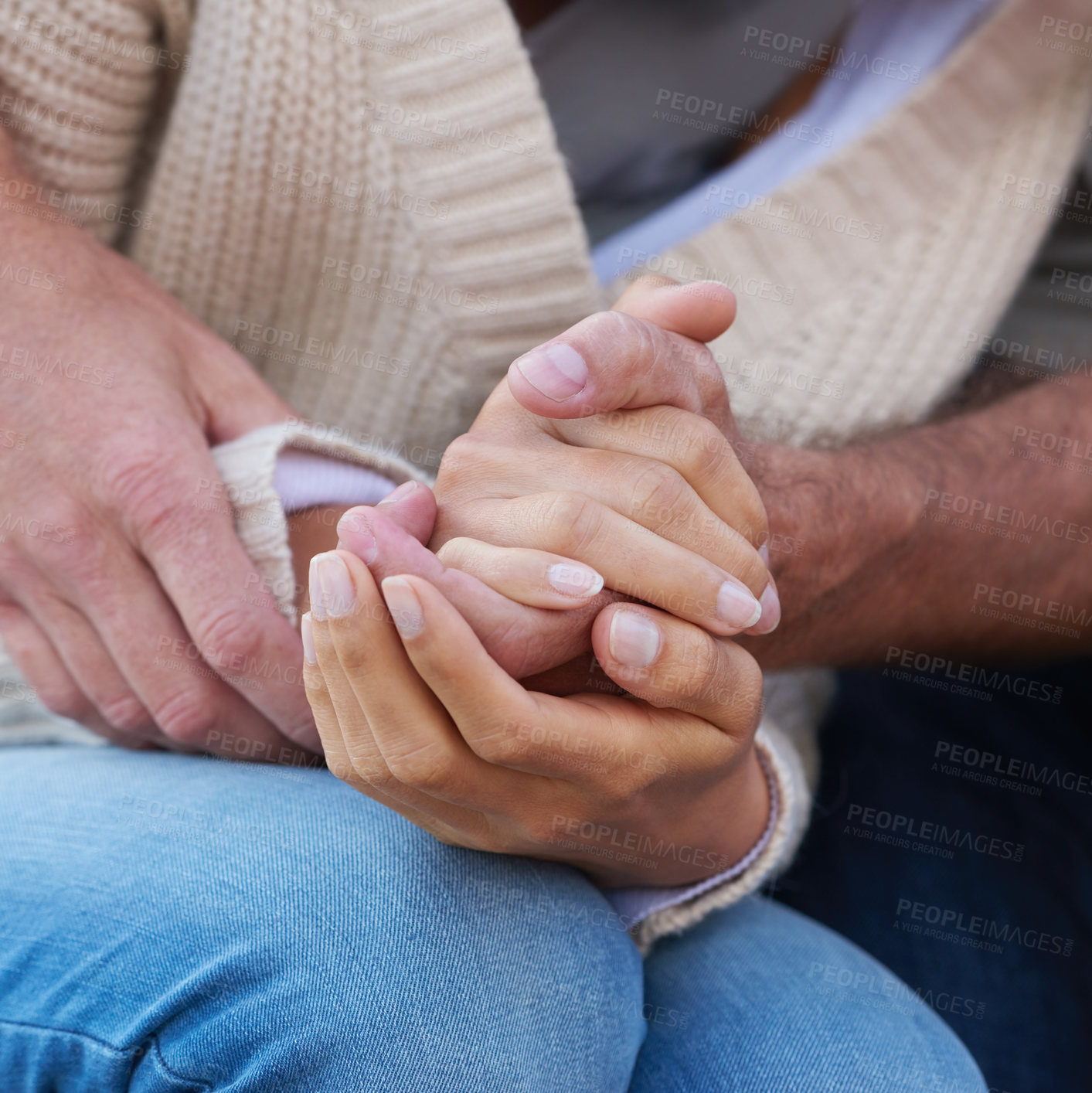 Buy stock photo Couple, holding hands and closeup with love, care and support with empathy for illness, diagnosis or cancer. Solidarity, man and woman with gratitude, respect or comfort partner in crisis of health 