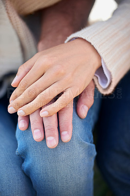 Buy stock photo Couple, closeup and hands with love, support and trust in partnership or gratitude for marriage together. Care, man and woman bonding with solidarity, empathy and sign of kindness or connection