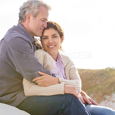 Buy stock photo Couple, face and smile in nature with hug for romance, love and relationship outdoor with relaxing. Mature, man and woman or embrace with happy, peace and comfort for bonding, honeymoon and support 