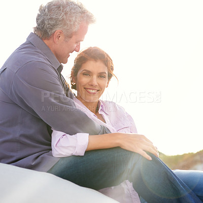 Buy stock photo Mature, couple and portrait of hug on holiday, vacation or outdoor sunshine in morning with nature. Happy woman, smile and man with love, respect and gratitude for marriage and partnership together