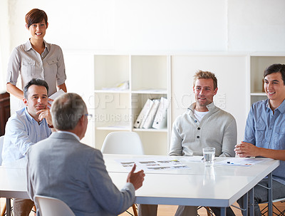 Buy stock photo Support, colleagues in a business meeting and in a modern office at their workplace. Teamwork or collaboration, data review or brainstorming and coworkers planning or talking at their workstation