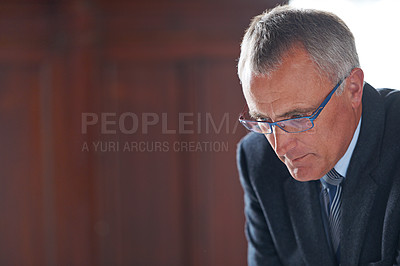 Buy stock photo Mature businessman, office or thinking of corporate ideas, strategy or project planning for a solution. Thoughts, senior manager or serious CEO contemplating company finance, job crisis or mission
