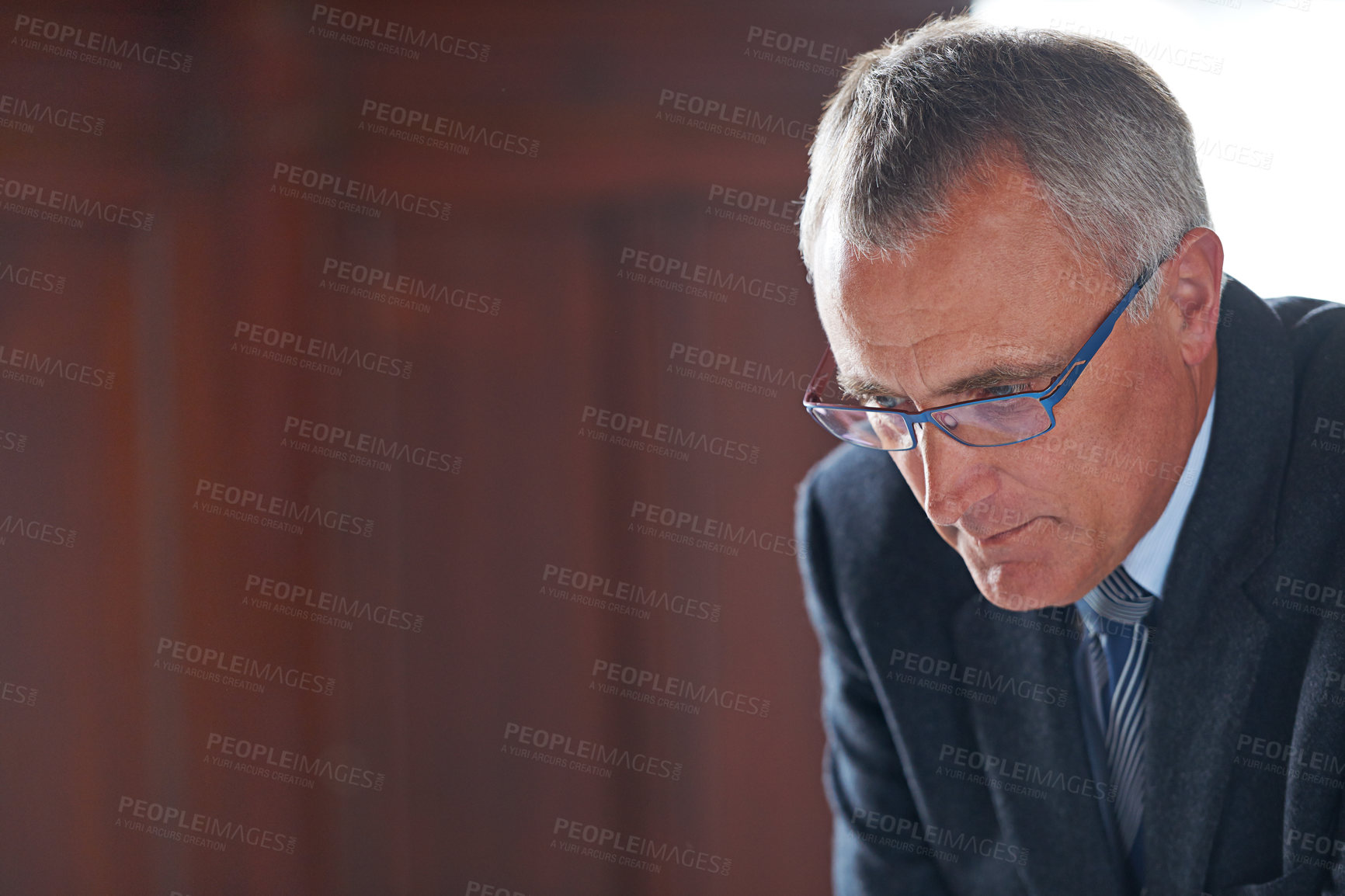 Buy stock photo Mature businessman, office or thinking of corporate ideas, strategy or project planning for a solution. Thoughts, senior manager or serious CEO contemplating company finance, job crisis or mission