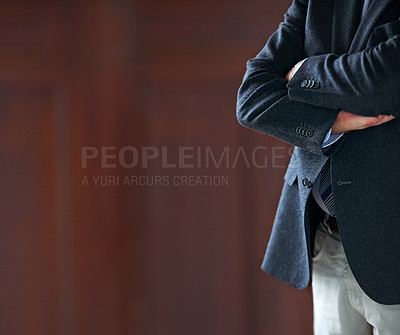 Buy stock photo Businessman, arm fold and manager of trading agency in studio for mockup on dark background. Leadership, goals and management for new internship project, startup and career for expert in workplace
