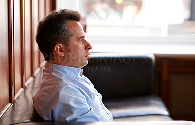 Buy stock photo Job interview, stress and man thinking in waiting room for recruitment, opportunity or meeting. Anxiety, nervous and male worker with tension, crisis or mistake, regret or panic disaster in HR office