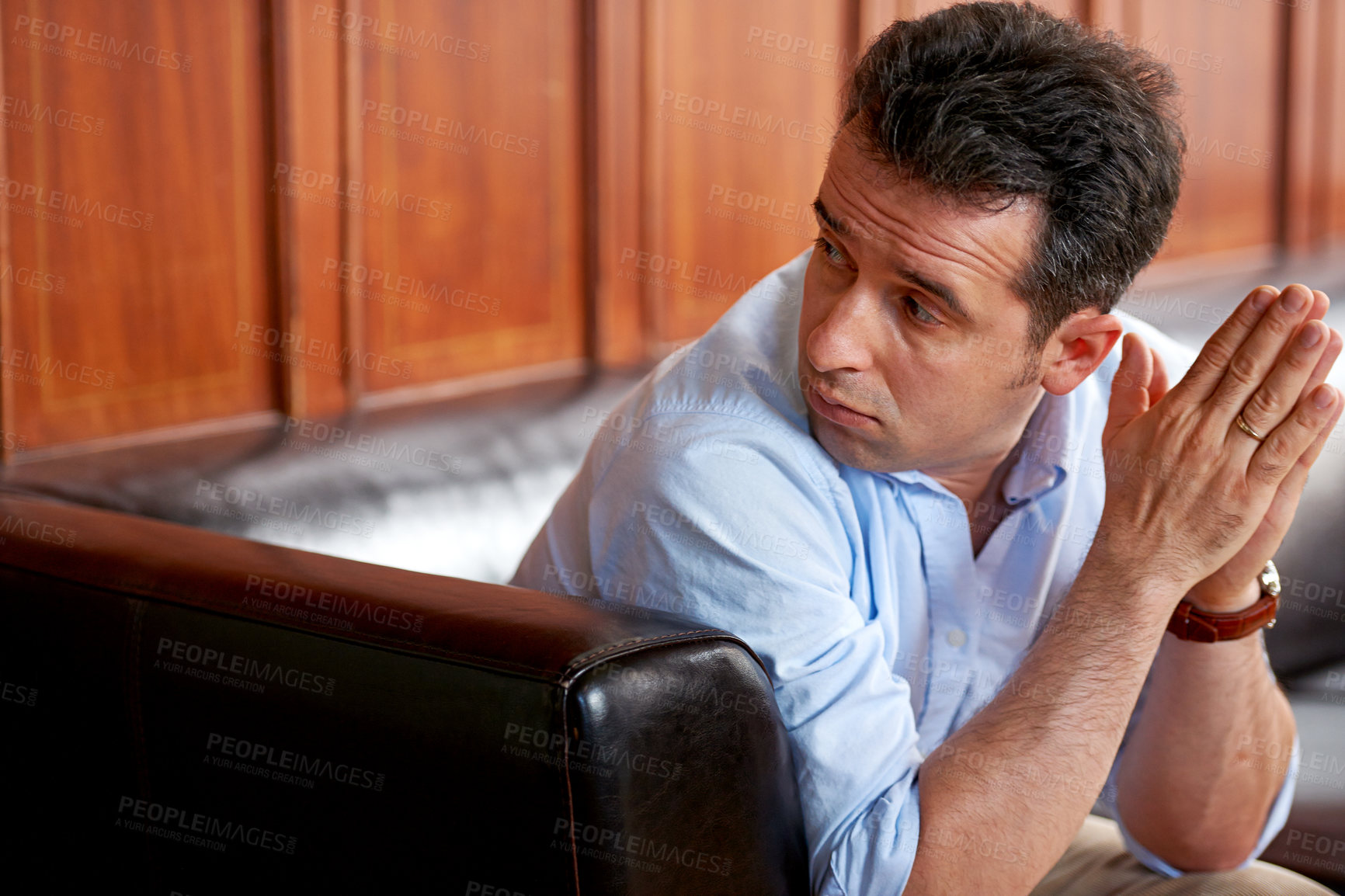 Buy stock photo Man, stress and thinking on sofa in waiting room for interview, recruitment or loss of job. Businessman, anxiety or sitting on couch with fear for unemployment, failure or problem with hiring at work