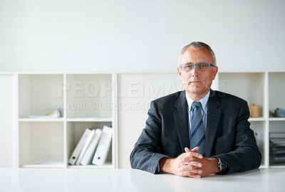 Buy stock photo Portrait, business and a serious senior man in an office as the CEO of a corporate company. Experience, manager and a confident boss in a professional workplace for future growth or development