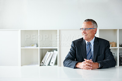 Buy stock photo Senior, executive and man at desk thinking, business innovation and brainstorming for ideas for corporate growth. Inspiration, insight and strategy with vision for insurance company development