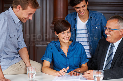 Buy stock photo Business, men and woman with sign, contract and smile, planning or strategy with partnership, collaboration or documents. Employees, people and signature or team at office, workplace or company