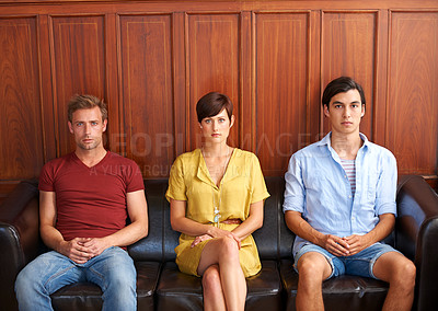 Buy stock photo Portrait, recruitment and bored people waiting on a sofa in an office for a human resources interview. Business, hiring and job opportunity with an impatient candidate group in a workplace lobby