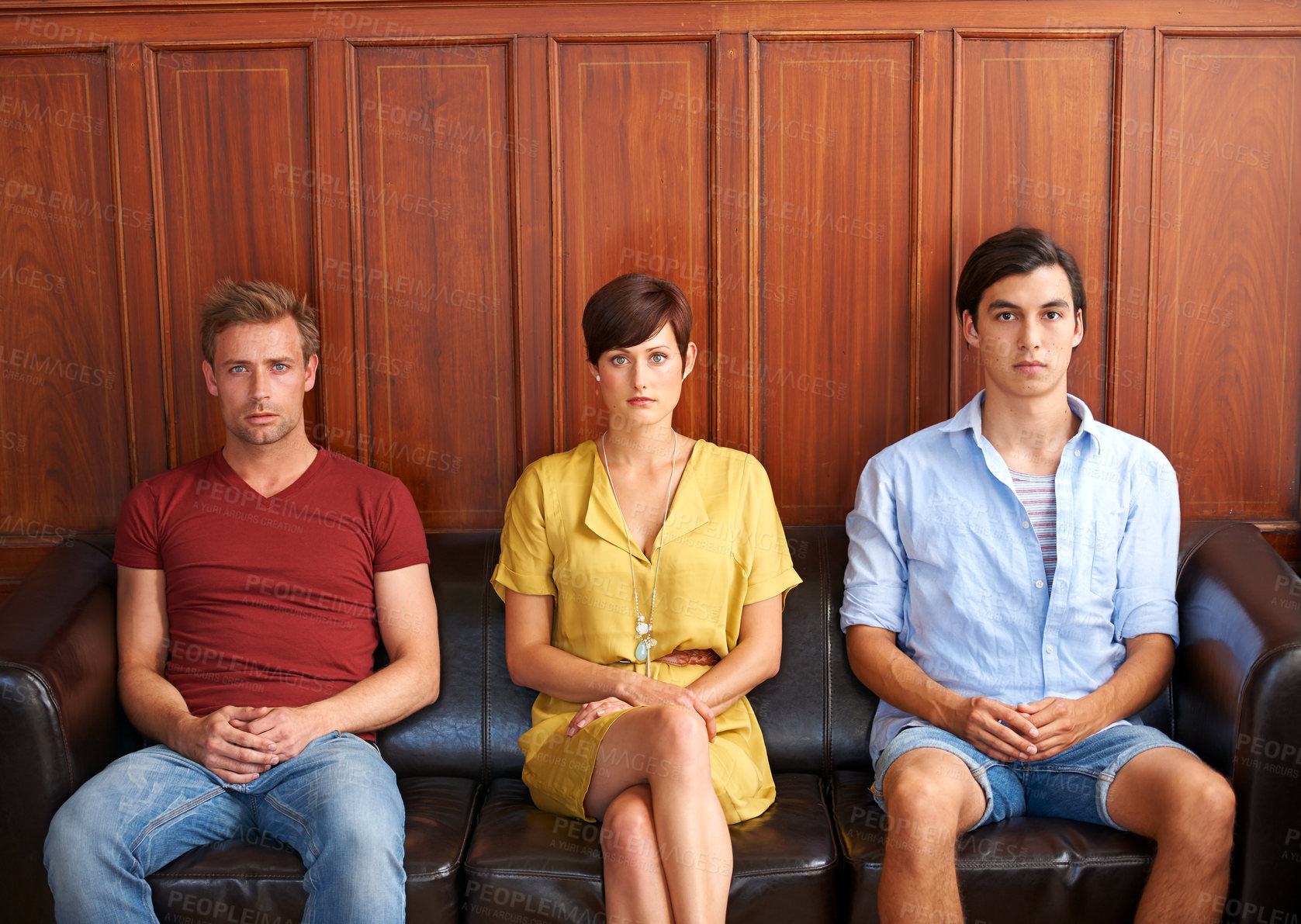 Buy stock photo Portrait, recruitment and bored people waiting on a sofa in an office for a human resources interview. Business, hiring and job opportunity with an impatient candidate group in a workplace lobby