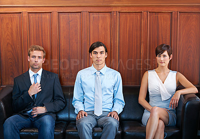 Buy stock photo People, recruitment and job in waiting room, opportunity and position for career. Candidates, portrait and confident for interview, human resources and couch for work, corporate and serious face