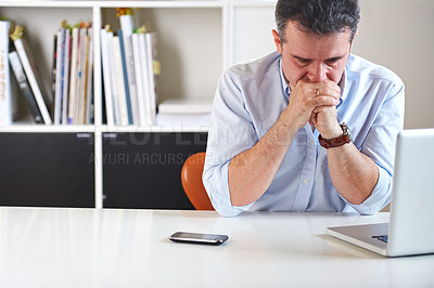 Buy stock photo Business man, laptop and stress with crisis, sad and financial depression with mistake, budget or bad news. Accountant, computer and fail with anxiety, thinking and fear for problem solving in office