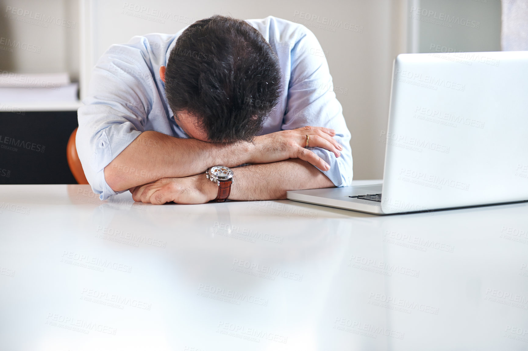 Buy stock photo Business man, laptop and depression for fail, stress and financial recession with mistake, budget and bad news. Accountant, pc and crisis with anxiety, scared and fear for debt, bankruptcy and worry