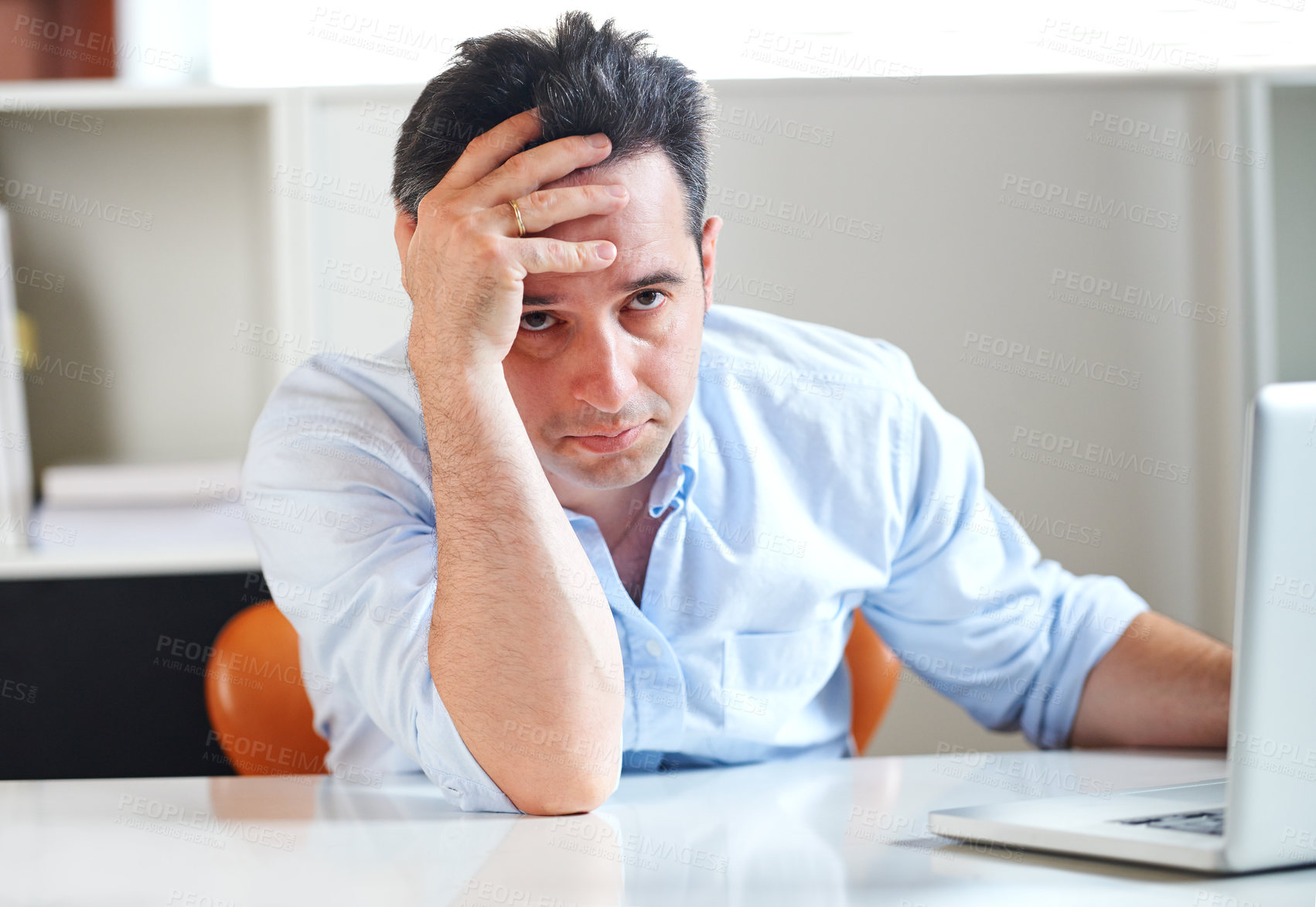 Buy stock photo Business man, laptop and stress with mistake, sad and financial depression with fail, budget or bad news. Accountant, computer and crisis with anxiety, thinking and fear for debt, bankruptcy or worry