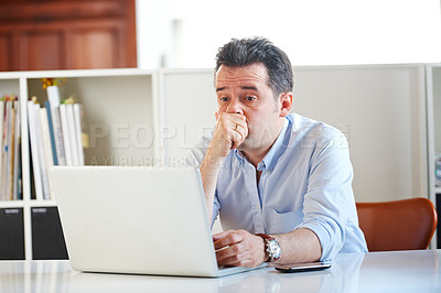 Buy stock photo Businessman, laptop and stress or fear at office, email and online research on technology. Mature man, frustrated and anxiety on digital, problem and issues or glitch, 404 error and connection fail