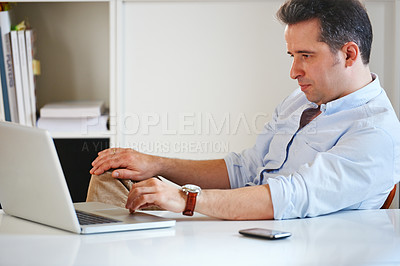 Buy stock photo Businessman, office or laptop for information technology research, tech support or working. Typing, online or computer with software update, email or corporate worker at desk for digital app review