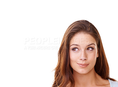 Buy stock photo Thinking, mockup and smile with woman and idea for question, product and deal choice. Why, solution and sale with girl model wondering for beauty, decision and planning in white background studio