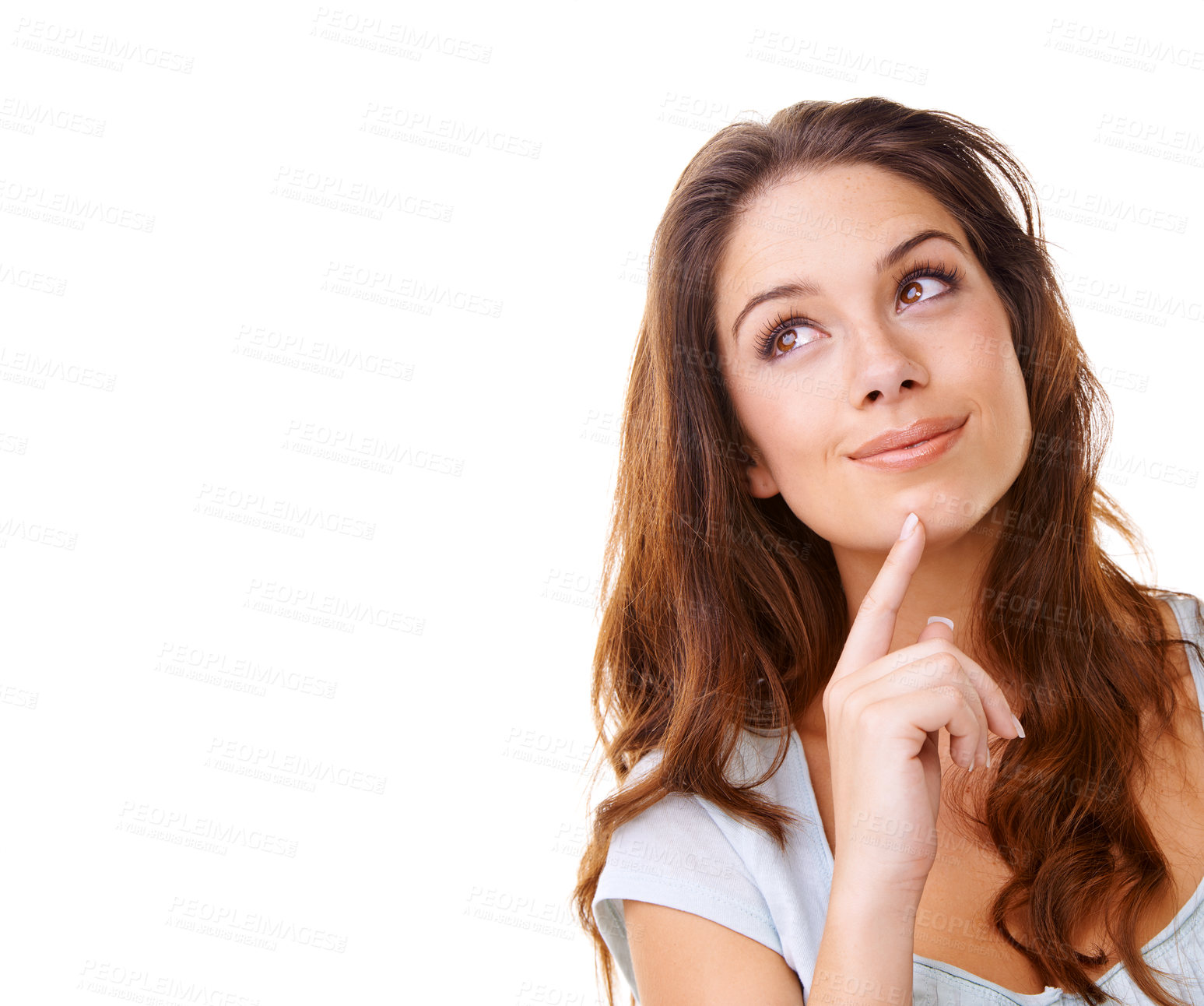 Buy stock photo A young woman thinking against a white background