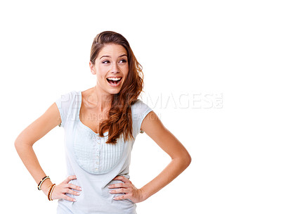 Buy stock photo Woman, mockup space and studio for deal, excited and promo or discount on white background. Female person, marketing and wow for retail sale or news, info and advertising or happy for announcement