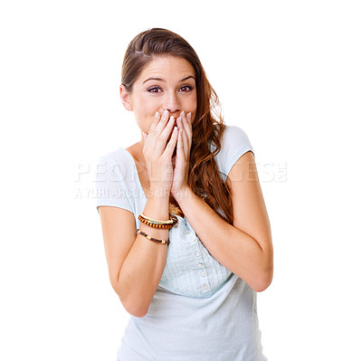 Buy stock photo Woman, shocked face and portrait with hands confused for announcement, news or standing in white background studio. Wow, surprised female and excited body language or happy for hearing results 